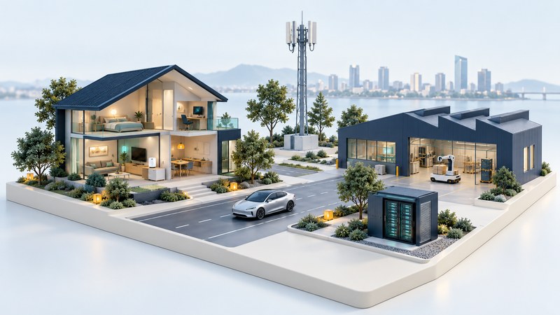 Conceptual neighborhood with a cutaway home, factory, car, cellular mast and edge-compute cabinet.