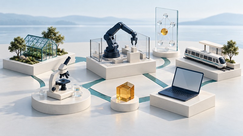 A greenhouse, microscope, robotic arm, laptop and train sit on ivory exhibit platforms connected by teal paths.