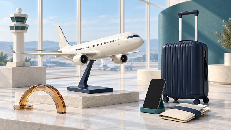 An ivory passenger-aircraft model and control tower stand beside navy luggage, a phone, travel wallet and amber glass arc.
