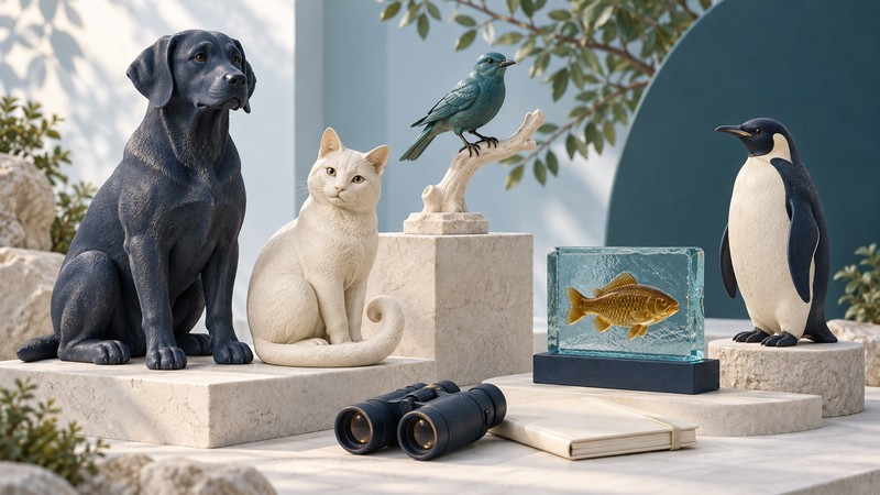 Ceramic dog, cat, songbird and penguin sculptures surround an amber fish in glass, with binoculars and a field notebook in front.