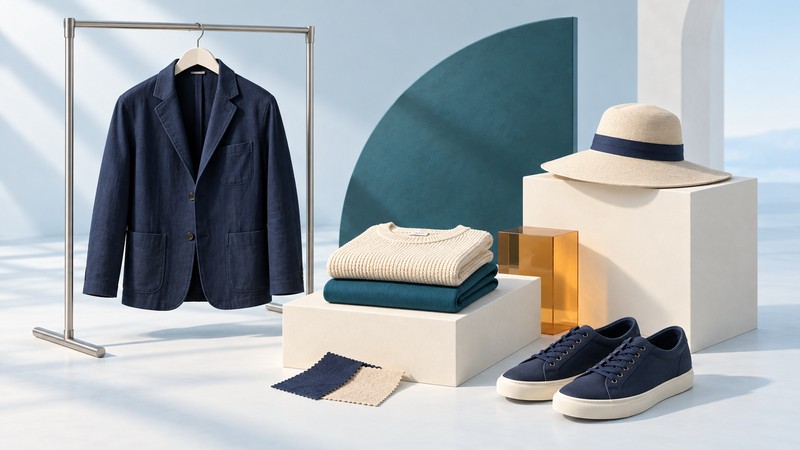 A navy jacket, folded ivory and teal knitwear, a sun hat and walking shoes arranged on sculptural ivory platforms.