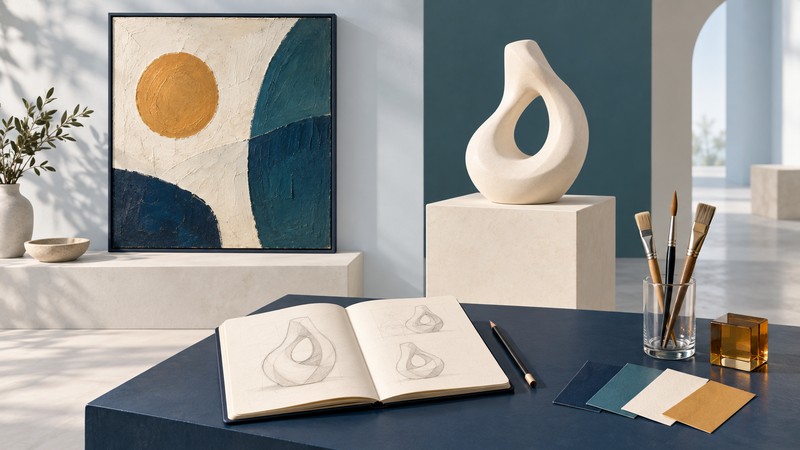 An abstract painting and ivory sculpture displayed beside a sketchbook, artist brushes and navy, teal, ivory and amber color swatches.