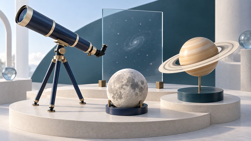A navy telescope stands beside Moon and Saturn display models and a glass panel depicting stars and a spiral galaxy.