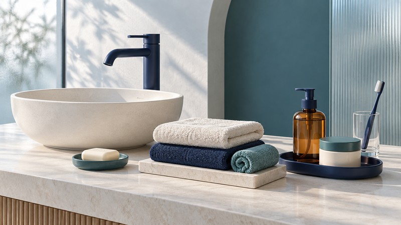 An ivory basin and navy faucet beside folded towels, an amber pump bottle, moisturizer jar and toothbrush in a glass.