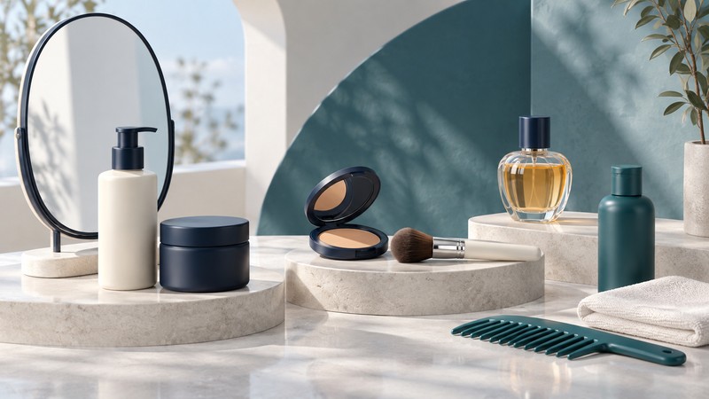 An oval mirror, skin-care containers, powder compact and brush sit beside amber perfume, a teal bottle and comb, and a folded ivory towel.