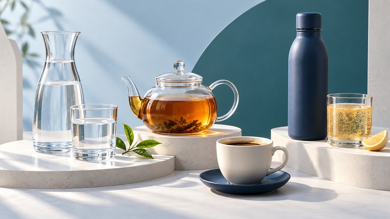 Water, amber tea, coffee and a sparkling drink arranged on ivory platforms beside a navy reusable bottle.