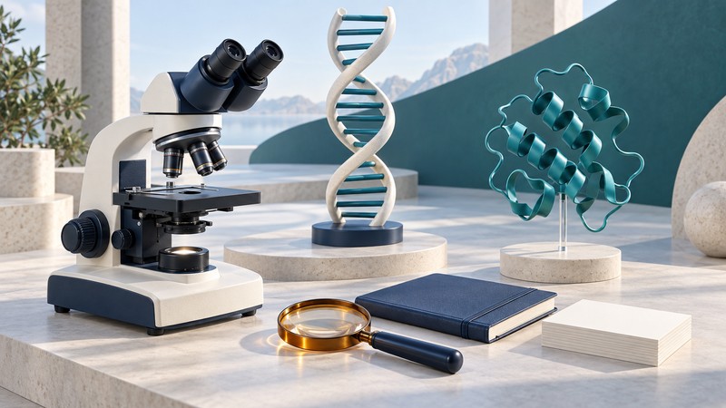 A navy and ivory microscope stands beside DNA and protein teaching models, an amber magnifying lens, a research notebook and blank cards.