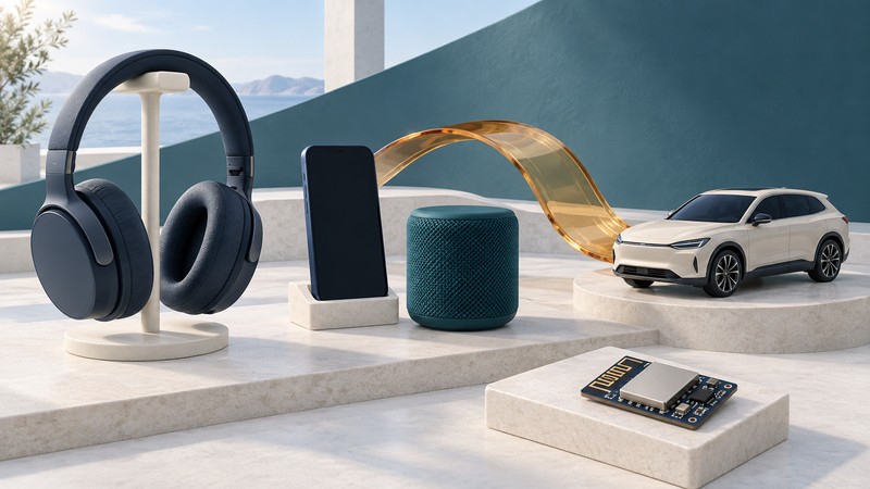 Navy headphones and a phone beside a teal speaker, ivory model car and small radio board, linked visually by an amber glass arc.