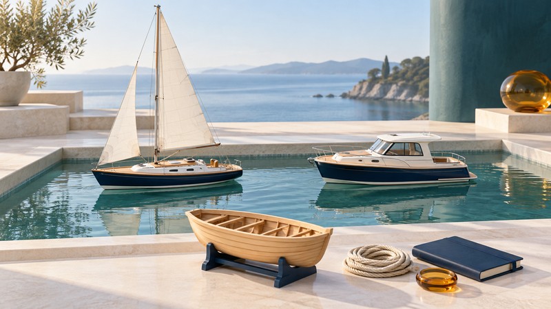 Sailboat and motorboat models float in a teal display pool beside a wooden dinghy model, coiled rope and navy planning notebook.
