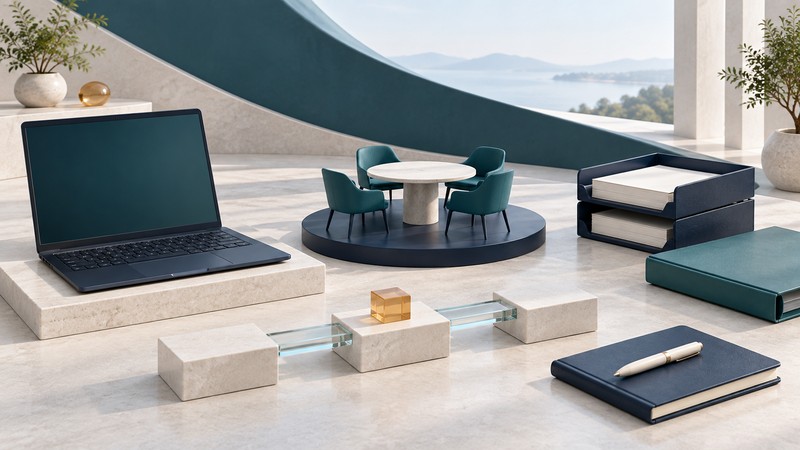 A navy laptop, miniature meeting table and document trays sit behind ivory blocks connected by glass bridges, an amber cube and a notebook.