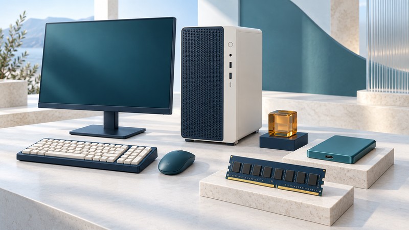 A navy monitor and ivory desktop tower stand beside a keyboard, teal mouse, memory module, portable storage drive and amber glass cube.