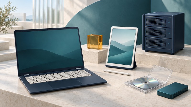 An open navy laptop, ivory tablet and compact server stand beside an optical disc, portable storage drive and amber glass block.