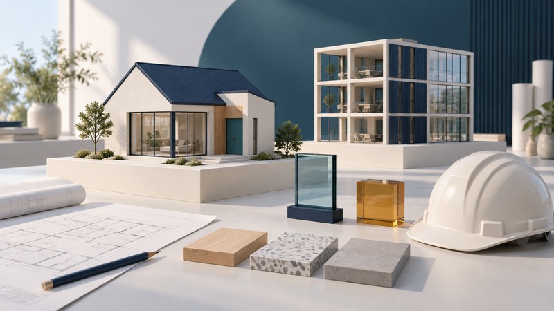 House and commercial-building models beside a hard hat, drawings, glazing and timber, terrazzo and concrete samples.