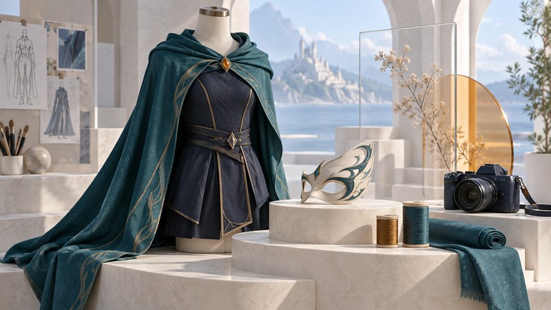 A teal cape and navy costume on a dress form beside a fantasy mask, thread, fabric, and camera.
