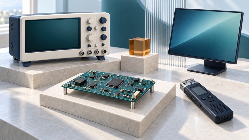 A bench instrument, teal circuit board, display and digital voice recorder are arranged on ivory platforms beside amber glass.