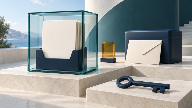 Ivory documents in a teal glass case stand beside an envelope, navy storage box, amber token and a separate navy key.