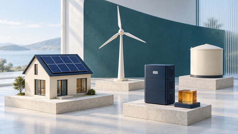 Architectural models of a solar-equipped house, wind turbine, navy battery cabinet and ivory storage tank stand on separate plinths beside amber glass.