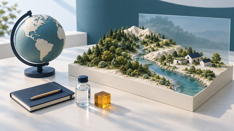 A globe and miniature forested river landscape with homes stand beside a field notebook and capped water-sample bottle.