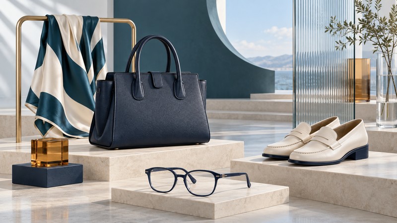 A navy handbag, ivory-and-teal scarf, ivory loafers and navy eyeglasses are displayed on stone platforms with amber glass accents.