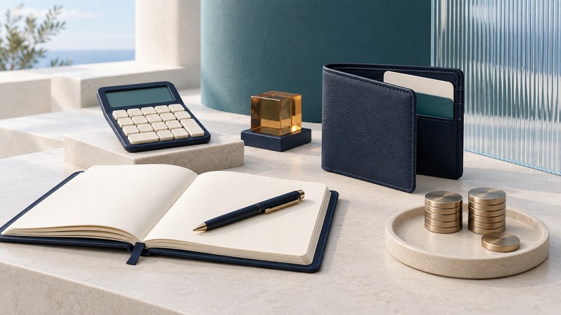 An open ivory ledger and pen sit beside a navy calculator, wallet with blank cards, plain coin forms and an amber glass cube.