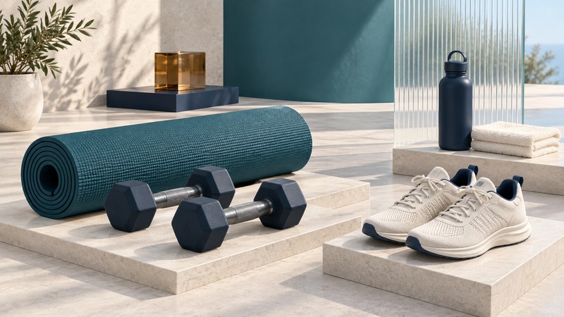 A rolled teal exercise mat, two navy dumbbells, ivory walking shoes, water bottle and folded towel are arranged on stone platforms.
