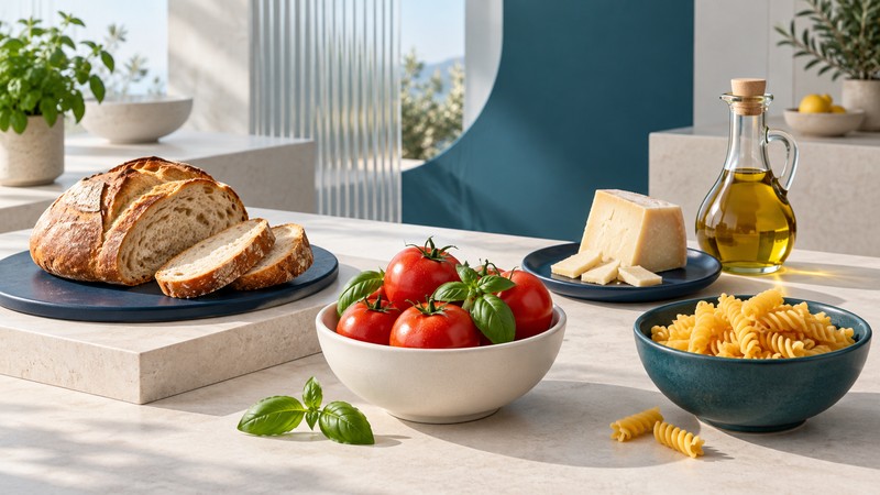 Bread, tomatoes and basil, cheese, spiral pasta and a glass olive-oil cruet are arranged in navy and ivory dishes on stone platforms.