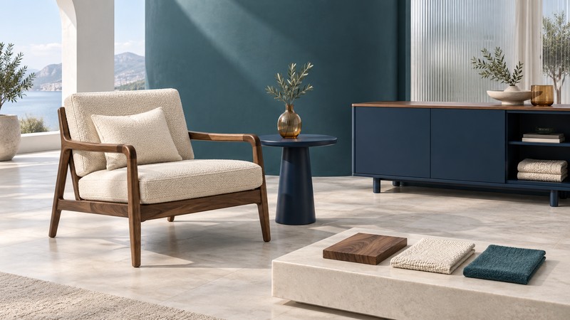 A walnut chair with ivory upholstery stands beside a navy side table and storage cabinet, with wood and textile samples in the foreground.