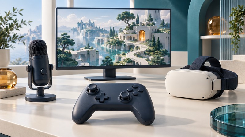 A navy game controller, desktop microphone and ivory VR headset sit before a monitor showing a fantastical island landscape.