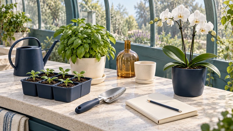 Seedlings, potted basil and a white orchid share a greenhouse bench with a watering can, hand trowel and garden notebook.
