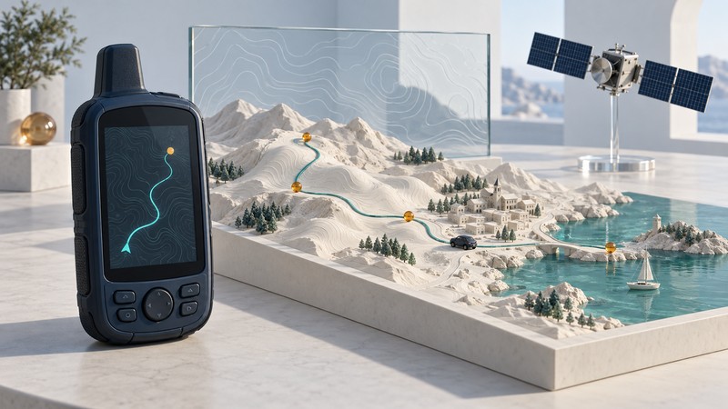 A handheld GPS receiver stands beside a relief map with a coastal route, amber waypoints, a small car and boat, and a satellite display model.