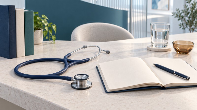 A navy stethoscope and open notebook sit on an ivory consultation table beside reference books and a glass of water.