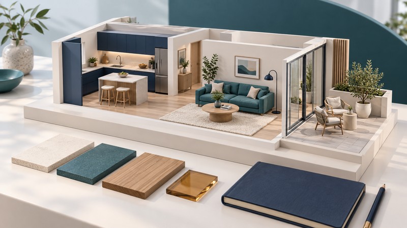 A miniature home model shows a navy kitchen, teal living room and adjoining patio, with material samples and a planning notebook in front.