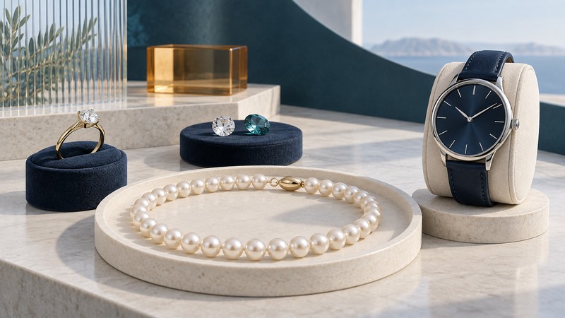A gold ring, pearl necklace, loose gemstones and silver watch with a navy strap rest on ivory and navy display stands.
