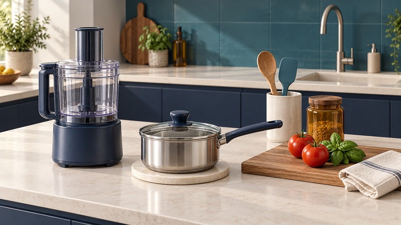 A navy food processor, lidded saucepan and wooden board with tomatoes and basil sit on an ivory kitchen counter beside utensils and an amber jar.