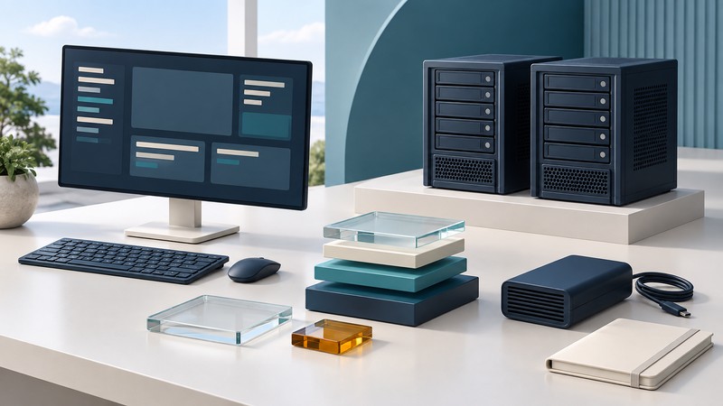 A desktop monitor, two compact server cabinets, layered system model and external storage device form a navy and ivory computing display.