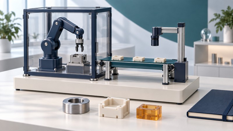 A miniature manufacturing cell combines an enclosed navy robot, teal conveyor and inspection camera, with metal and molded components in front.
