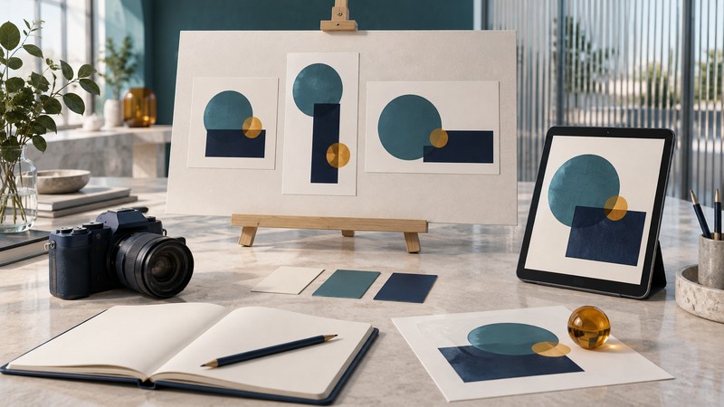 Coordinated abstract campaign layouts appear on an easel and tablet beside a camera, color swatches and a planning notebook.