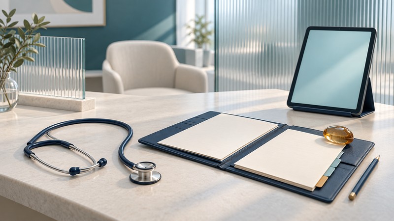 A navy stethoscope, open records folder and blank-screen tablet on an ivory desk in a calm consultation room.