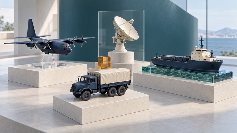 Models of a transport aircraft, cargo truck, support vessel and communications dish on ivory display plinths.