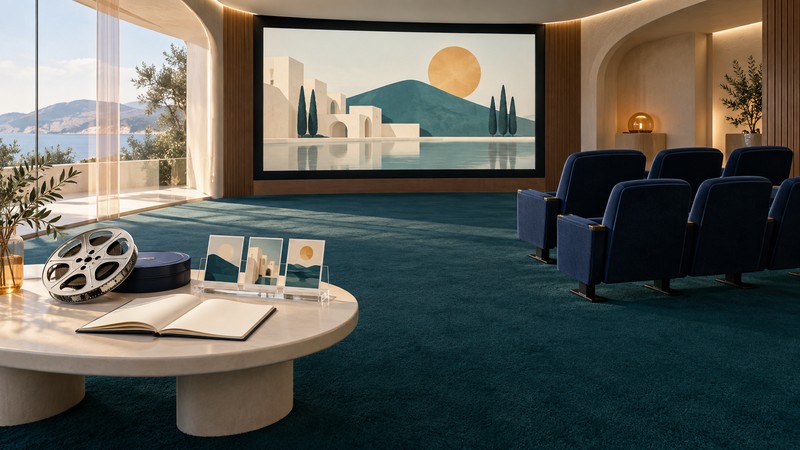 A quiet cinema lounge with navy seats, an abstract landscape on screen, and a film reel, notebook and picture cards on an ivory table.