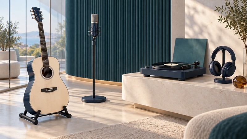An ivory and navy acoustic guitar, studio microphone, turntable and headphones in a sunlit room with a curved teal acoustic wall.