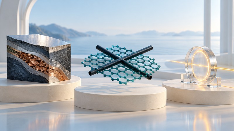A layered material specimen, reinforced carbon-sheet model and glass optical resonator stand on ivory terraces.