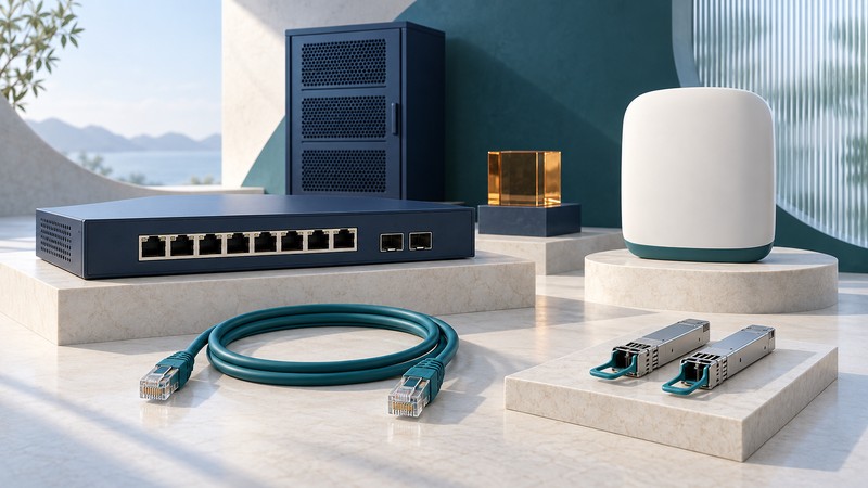 A navy network switch and cabinet, ivory wireless access point, coiled teal Ethernet cable and optical transceivers stand on stone platforms.
