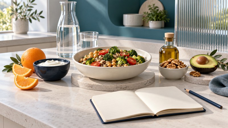 A quinoa and chickpea bowl, yogurt, oranges, walnuts and avocado beside water, olive oil and an open planning notebook in a teal and ivory kitchen.