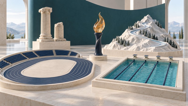 Conceptual models of a running track, swimming pool and winter mountain course beside classical columns and a navy torch with an amber glass flame.