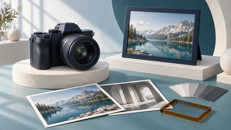 A navy camera and digital picture frame beside landscape and architectural prints, gray tone swatches and a translucent amber crop frame.