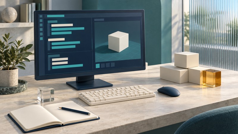 A navy monitor shows abstract editor blocks and a 3D cube beside a keyboard, notebook and ivory and amber component blocks.