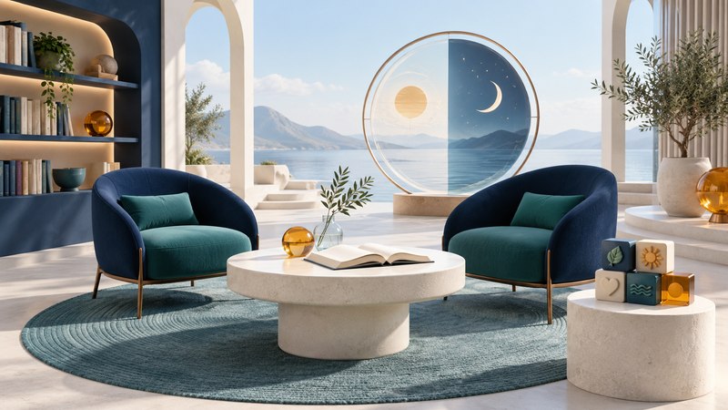Two navy and teal chairs, an open book and memory tiles in a bright study with a glass day-and-night disc.