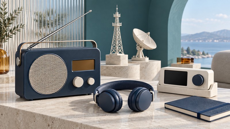 A navy portable radio, headphones and ivory digital receiver on a stone console, with miniature broadcast tower and satellite dish behind them.