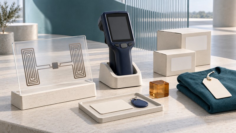 A conceptual RFID inlay and handheld reader beside labeled cartons, a tagged garment, and blank card and key-fob samples.